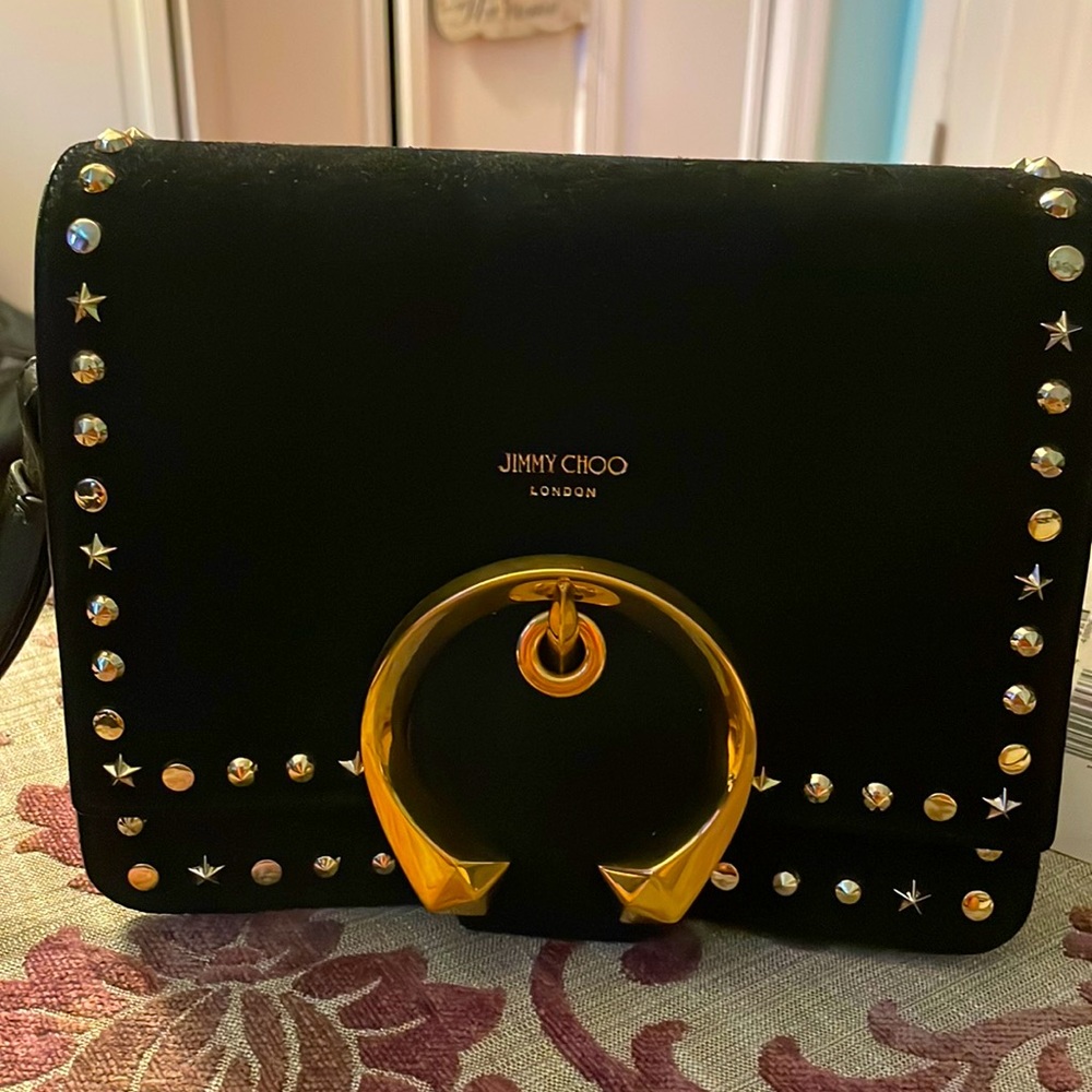 Jimmy Choo Madeline Shoulder Bag (Black Suede with star/round studded trim)